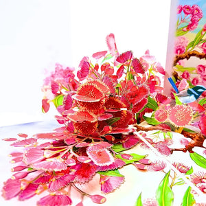 Pink gumnut blossom pop-up card for birthdays and thank-yous