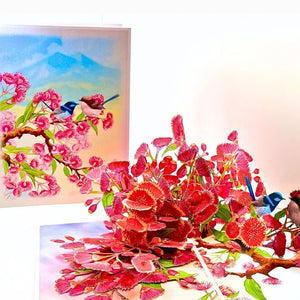3D pop-up card with pink gumnut blossoms and blue Fairy-Wrens
