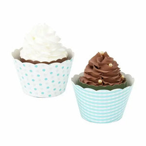 Baby Blue Checked & Polka Dot Cupcake Wraps 8pk