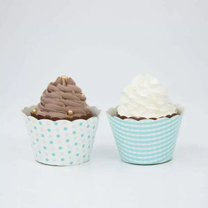 Baby Blue Checked & Polka Dot Cupcake Wraps 8pk