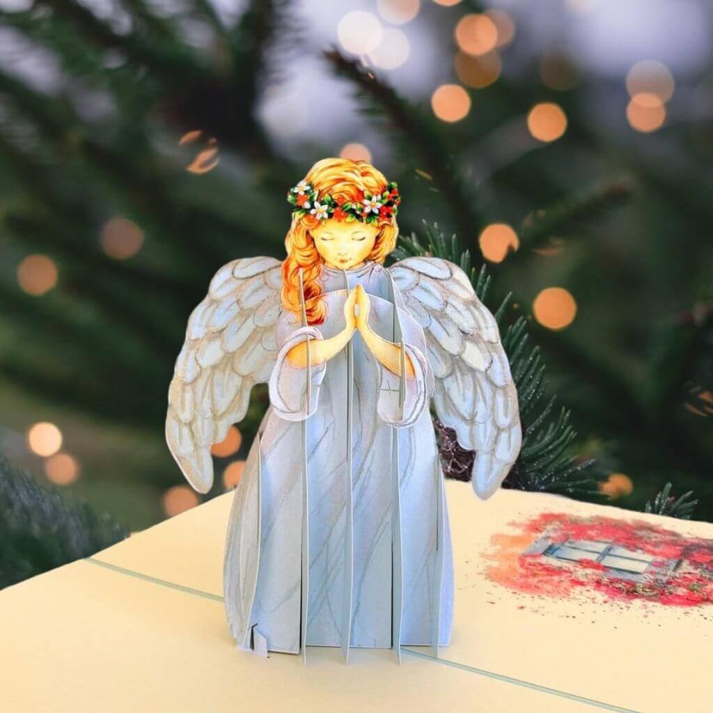 Handmade Praying Guardian Angel 3D Pop Up Christmas Card - Baby Blue