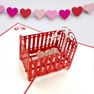 Handmade Baby Sleeping in Red Cot 3D Pop Up Greeting Card - Neutral Baby Shower Pop Up Card.