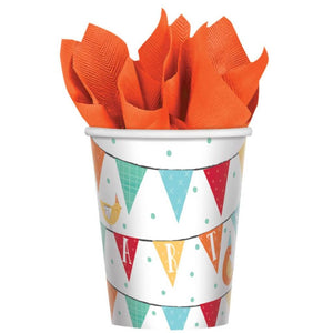 Barnyard Birthday Paper Cups with farm animals and colourful bunting – 8 Pack