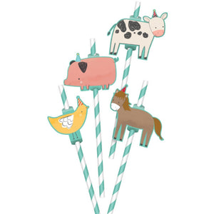 Mint green striped barnyard party straws with cow, pig, chick, and horse cutouts