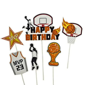 Basketballs, player silhouettes, trophies, and Happy Birthday banner