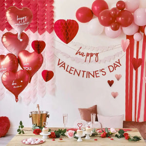 Pink & Red Balloon Arch Backdrop with Streamers & Paper Heart