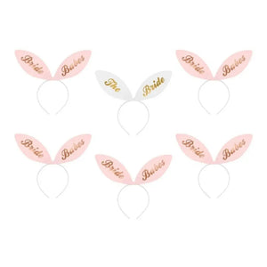 Five pink Bride Babes headbands and one white The Bride headband