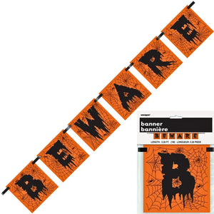 Orange and black Beware spiderweb Halloween block banner