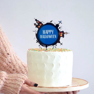 Acrylic Black & Blue Happy Halloween Graveyard Cake Topper