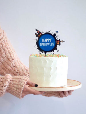 Acrylic Black & Blue Happy Halloween Graveyard Cake Topper