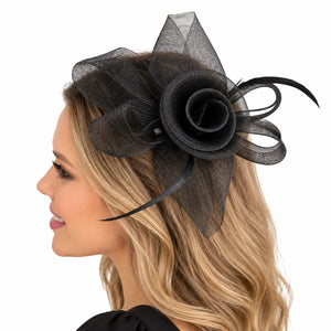 Black flower fascinator hair clip for formal and evening events