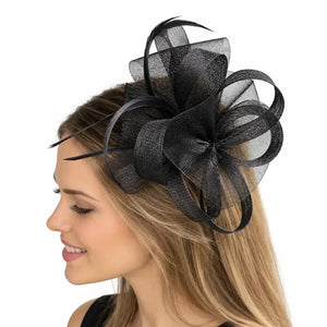Emma black feather fascinator suited to evening race meetings