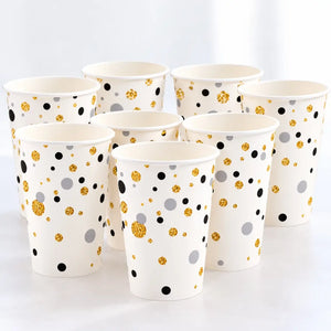 Eight black and gold confetti paper cups for birthday parties