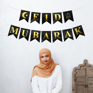 Black EID MUBARAK Moon Star Mosque Paper Banner