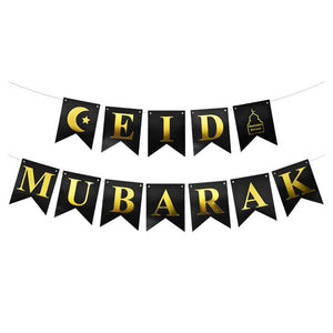 Black EID MUBARAK Moon Star Mosque Paper Banner
