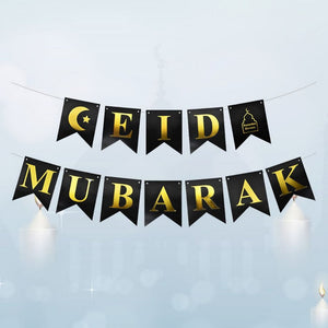 Black EID MUBARAK Moon Star Mosque Paper Banner