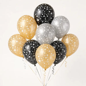 Ten black gold and silver formal star printed latex balloons