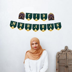 Black Green EID MUBARAK Mosque Paper Banner