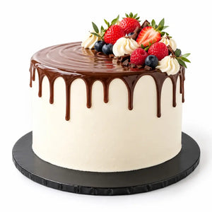 Modern white wedding cake presented on a black round masonite cake board