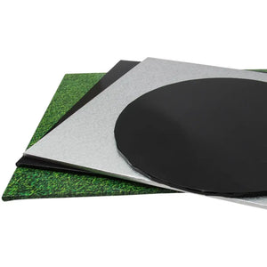 Close-up of the black masonite cake board showing its round shape and rigid edge