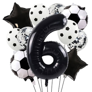 Soccer fan party balloon set with black number, star and soccer print balloons age 6