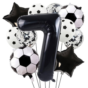 Black Soccer Star Celebration Balloon Set with 40" number foil and soccer balls age 7