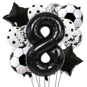 Kids soccer birthday balloons with black stars and confetti latex age 8