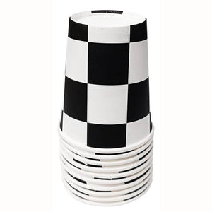 Stack of black and white checkered paper cups on a white background