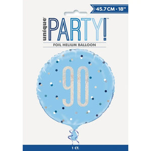 Blue 90th birthday prismatic foil balloon measuring 45.7cm