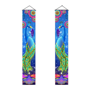 Two colorful peacock-themed banners with decorative elements on a white background.