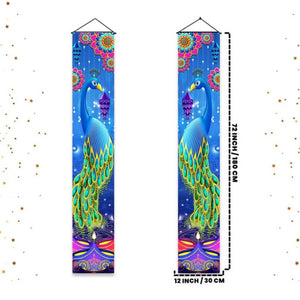 Decorative peacock happy diwali couplets with measurements on a white background