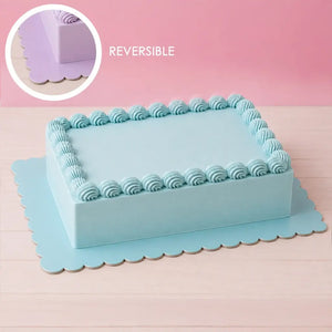 Reversible blue and lilac rectangle cake board with scalloped edges