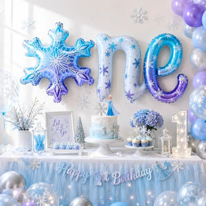 Blue Snowflake One Script Birthday Foil Balloon Banner.