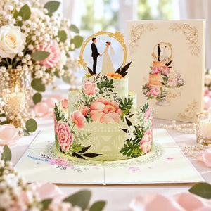 Floral wedding cake and bride and groom 3D pop-up card