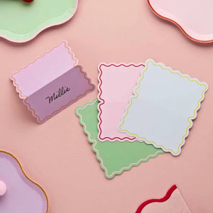 Pack of 8 colourful wavy edge place cards for bright party table setting