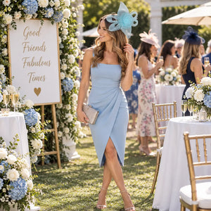 Pale blue flower fascinator with flowing mesh loops for race day