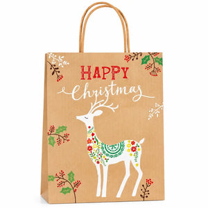 Brown Vintage Christmas Kraft Paper Gift Bag with Handles floral reindeer