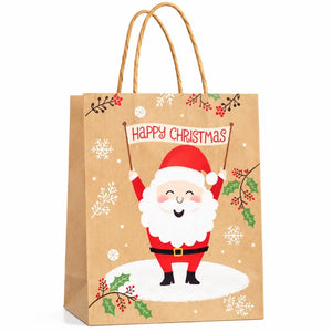 Brown Vintage Christmas Kraft Paper Gift Bag with Handles santa