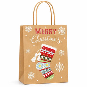 Brown Vintage Christmas Kraft Paper Gift Bag with Handles stocking