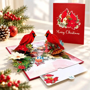 Cardinal pop-up card decorated with berries, pinecones and evergreen foliage