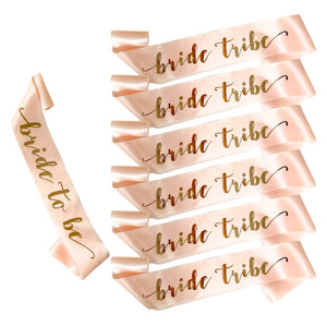 Pack of 7 Champagne Pink ‘Bride To Be’ & ‘Bride Tribe’ Sashes – Rose Gold Foil Print