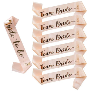 Pack of 7 Champagne Pink ‘Bride To Be’ and ‘Team Bride’ Sashes – Gold Foil with Diamond Ring