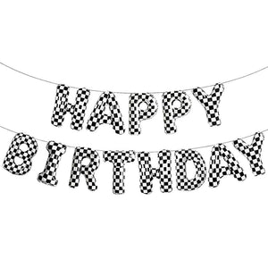 black and white checkered racing happy birthday foil balloon banner for race car party decorations