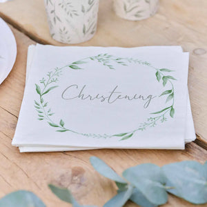 White & Green Christening Paper Napkins 16pk