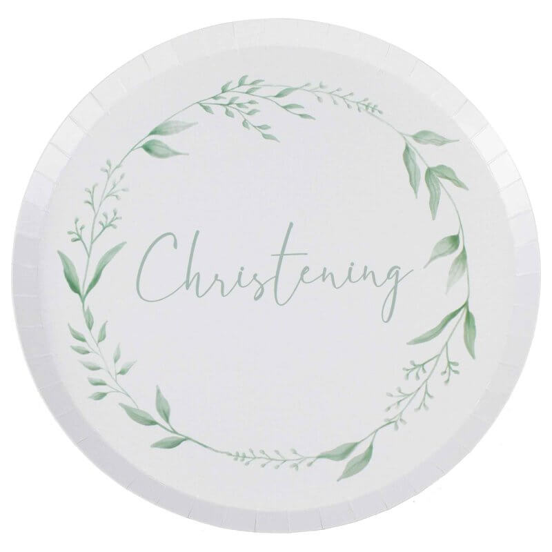 White & Green Christening Paper Plates 8pk