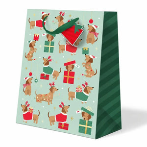 Sausage dog Christmas present bag with colourful festive artwork