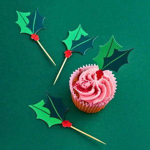 Festive holly food picks for Christmas cupcakes and holiday table decor