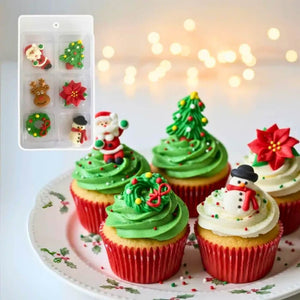 Christmas sugar decorations featuring Santa, snowman, wreath, reindeer, Christmas tree and poinsettia.