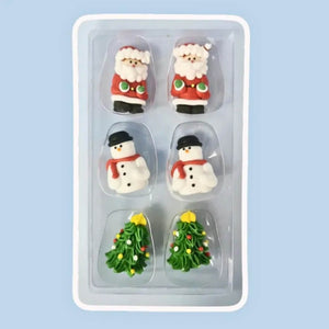 Christmas sugar decorations featuring Santa, snowmen and Christmas trees for cakes and cupcakes.