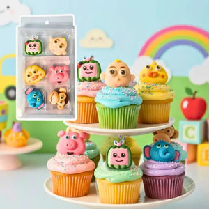 Cocomelon edible sugar decorations featuring JJ, Cody, TomTom, YoYo, Bingo the Elephant and the Cocomelon TV for decorating birthday cupcakes, cakes and party desserts, 6-piece pack.